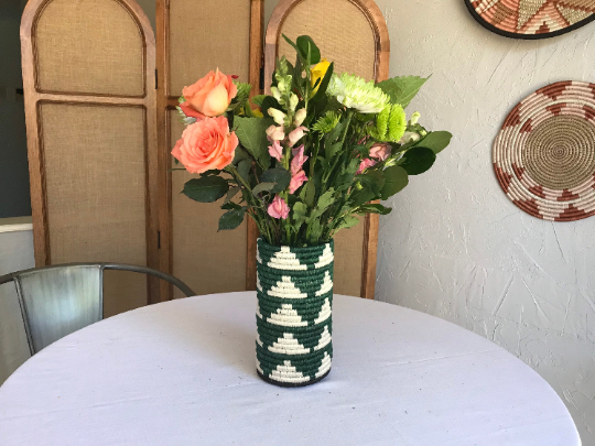 Tall Green & White African Woven Vase