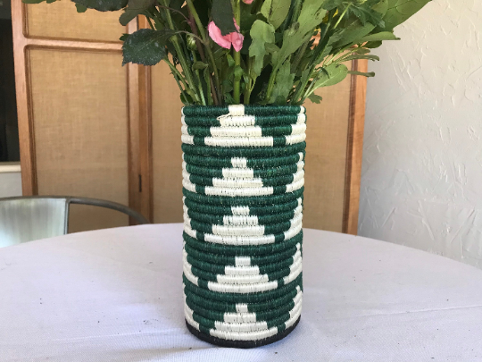 Tall Green & White African Woven Vase