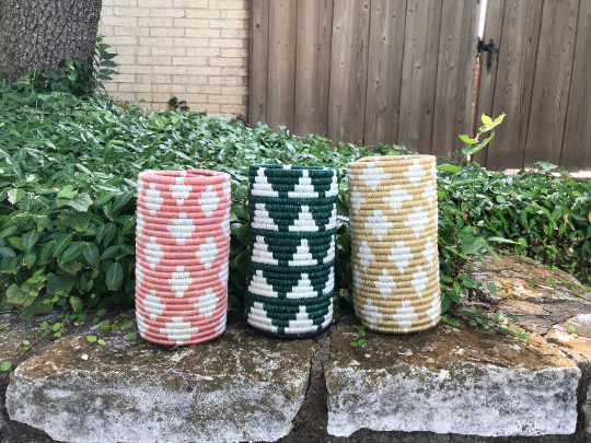 Tall Green & White African Woven Vase